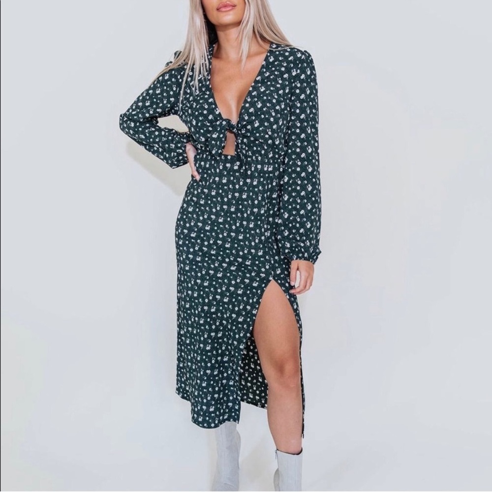 KITTENISH Bella Green Floral Midi Dress Size Large Women’s Side Slit